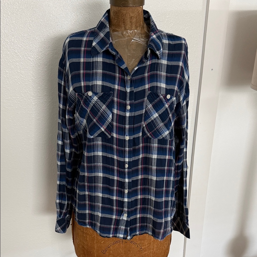 Women’s Sanctuary Navy Plaid Button-Up Shirt with Chest Pockets Size S